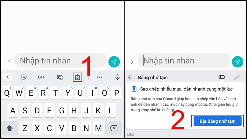 Chọn biểu tượng Văn bản trên bàn phím, nhấn Bật bảng nhớ tạm